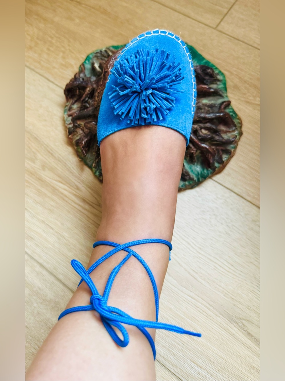 Blue Suede Pom Pom Lace-Up Espadrilles
